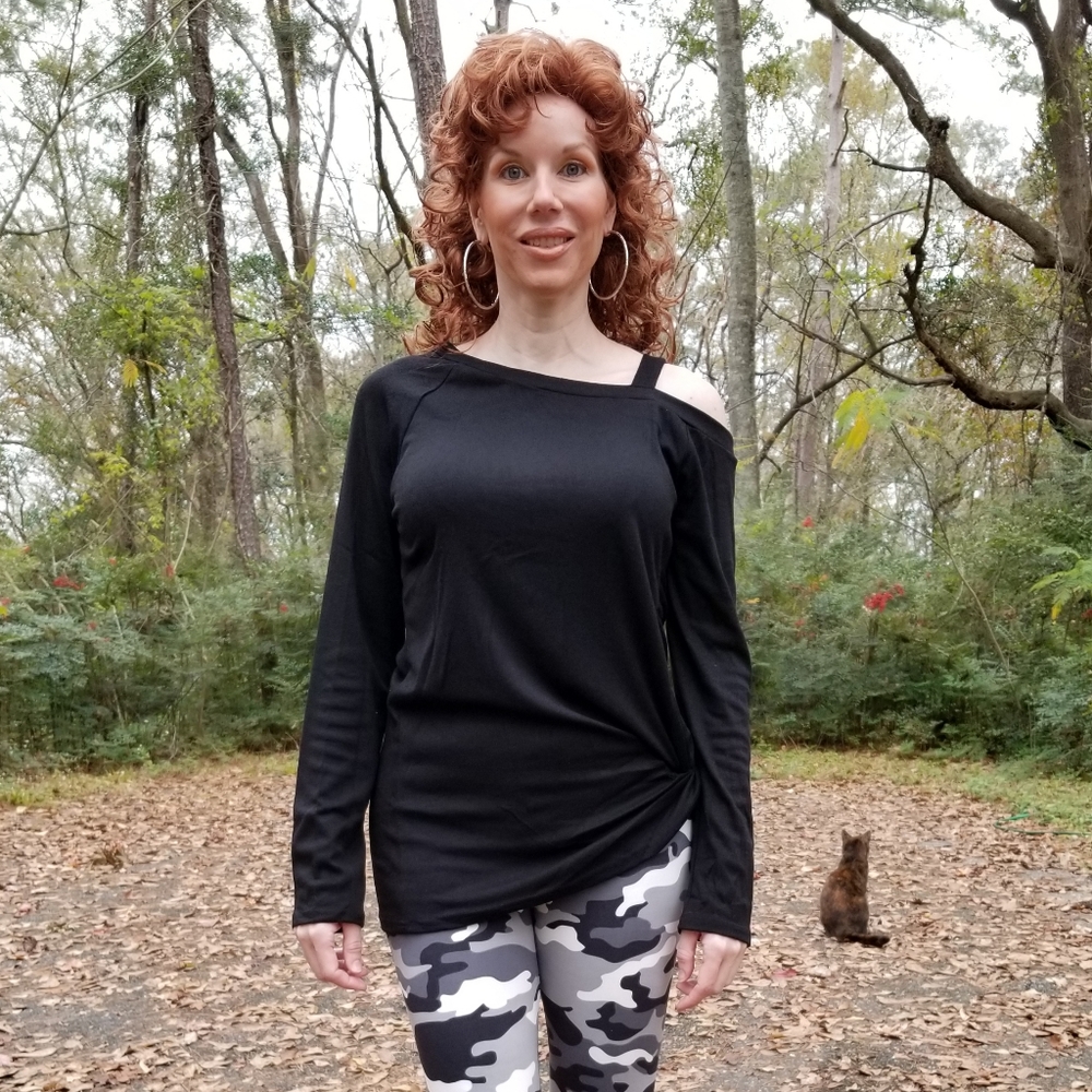 Black, side twist tuck, cold shoulder top